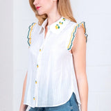 RUFFLE SSLV LEMON EMBROIDERED TOP