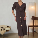 Ribbed Short Sleeve Midi Dress with Gold Buttons