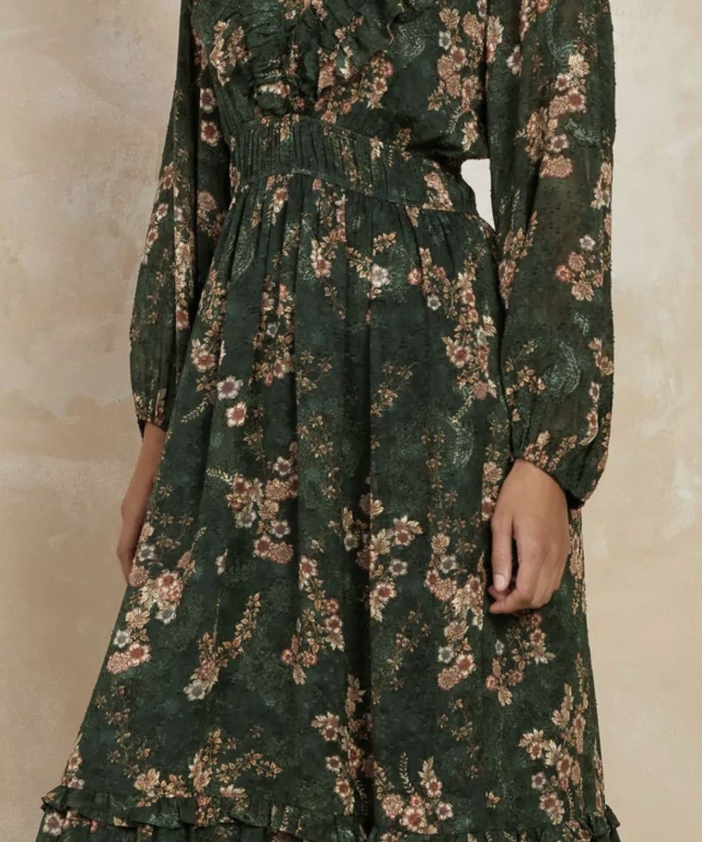 V NECK PRINT RUFFLE MIDI DRESS