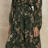 V NECK PRINT RUFFLE MIDI DRESS