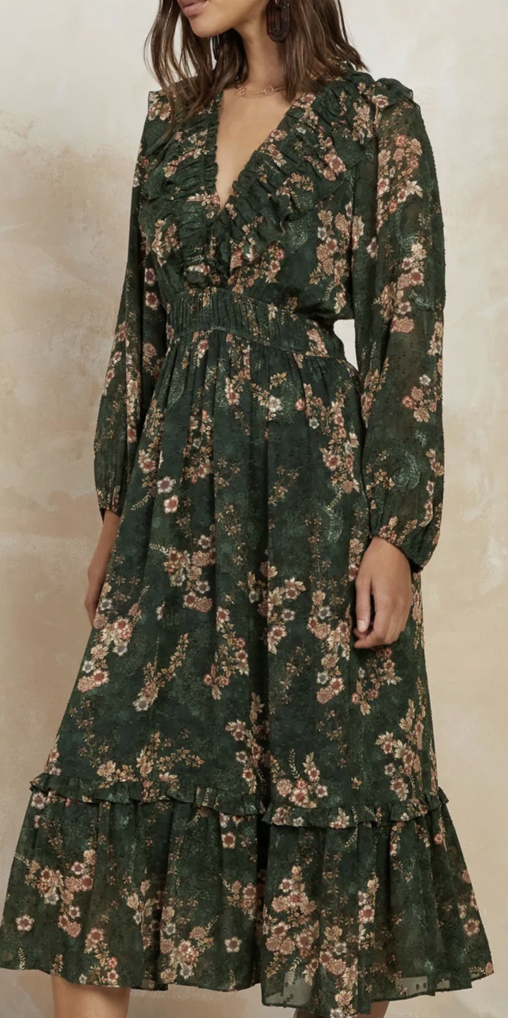 V NECK PRINT RUFFLE MIDI DRESS