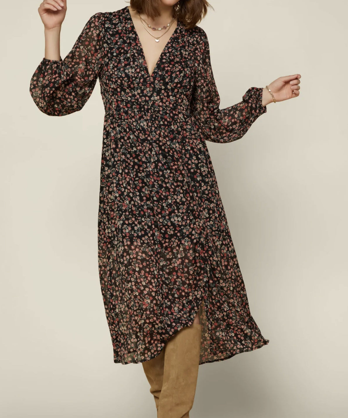 FLORAL V NECK PRINT MIDI DRESS