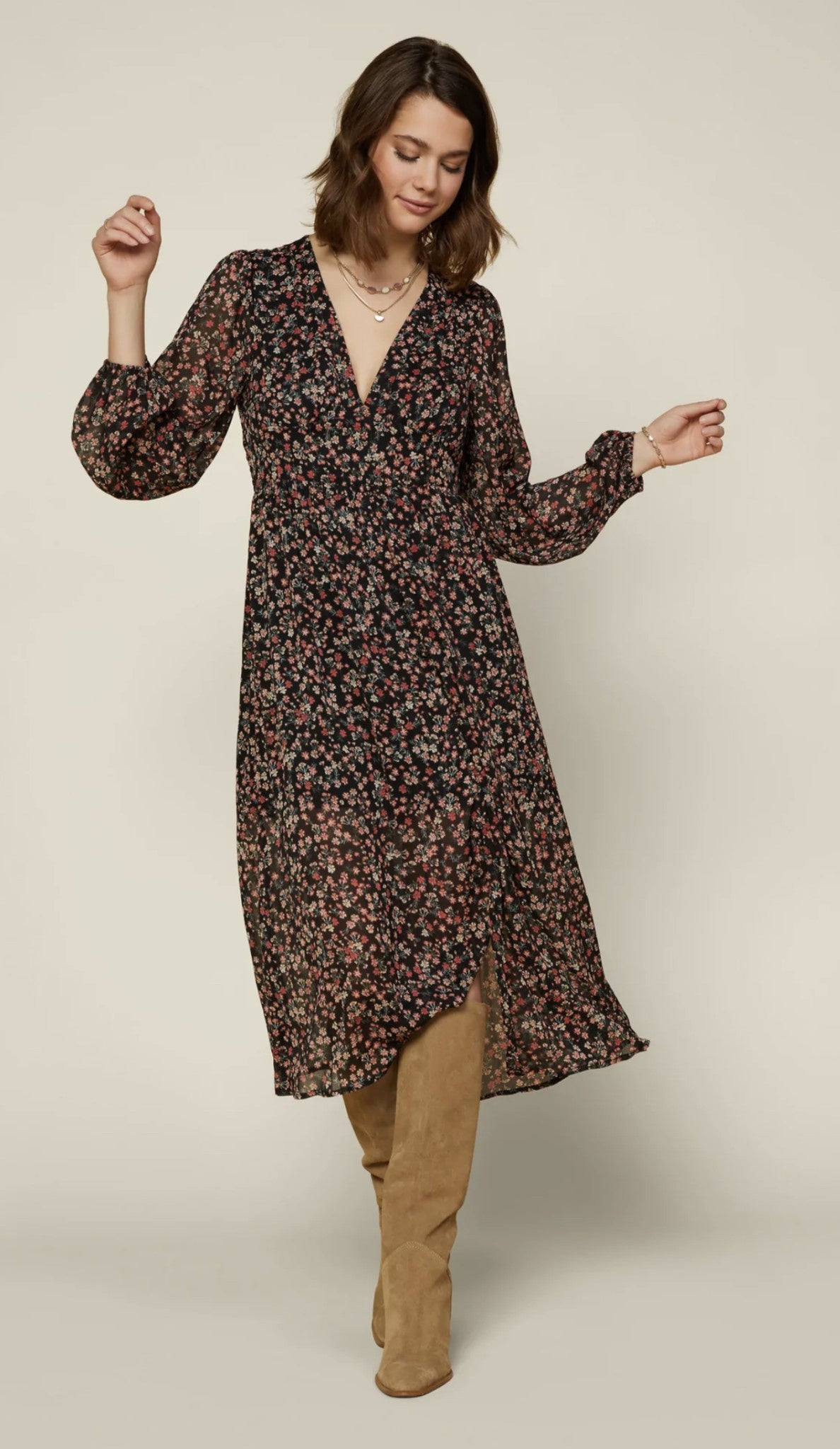 FLORAL V NECK PRINT MIDI DRESS