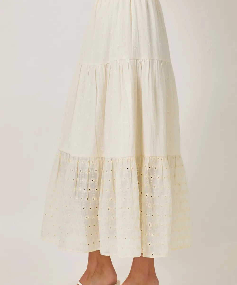 EMBROIDERED EYELET TIERED SKIRT