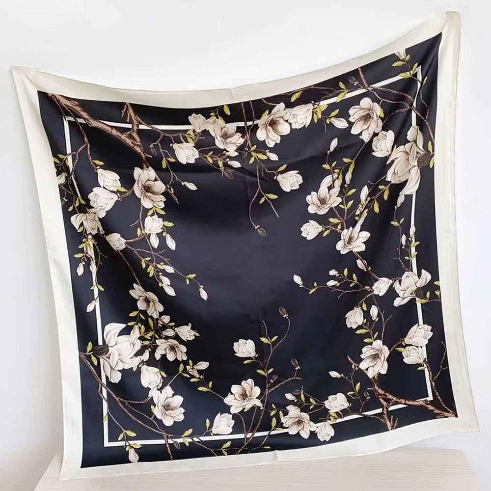 Silk Feel Magnolia Floral Print Square Scarf