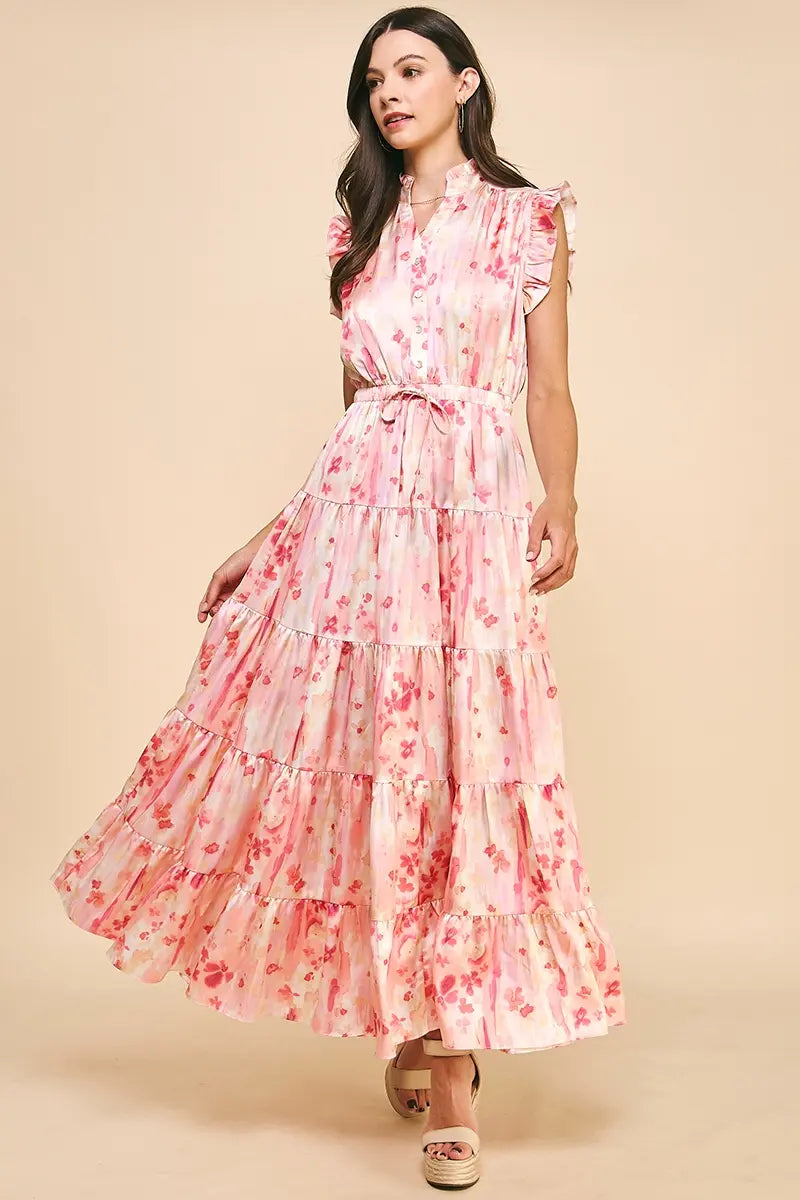 SATIN TIERED PRINTED MAXI DRESS