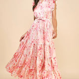 SATIN TIERED PRINTED MAXI DRESS