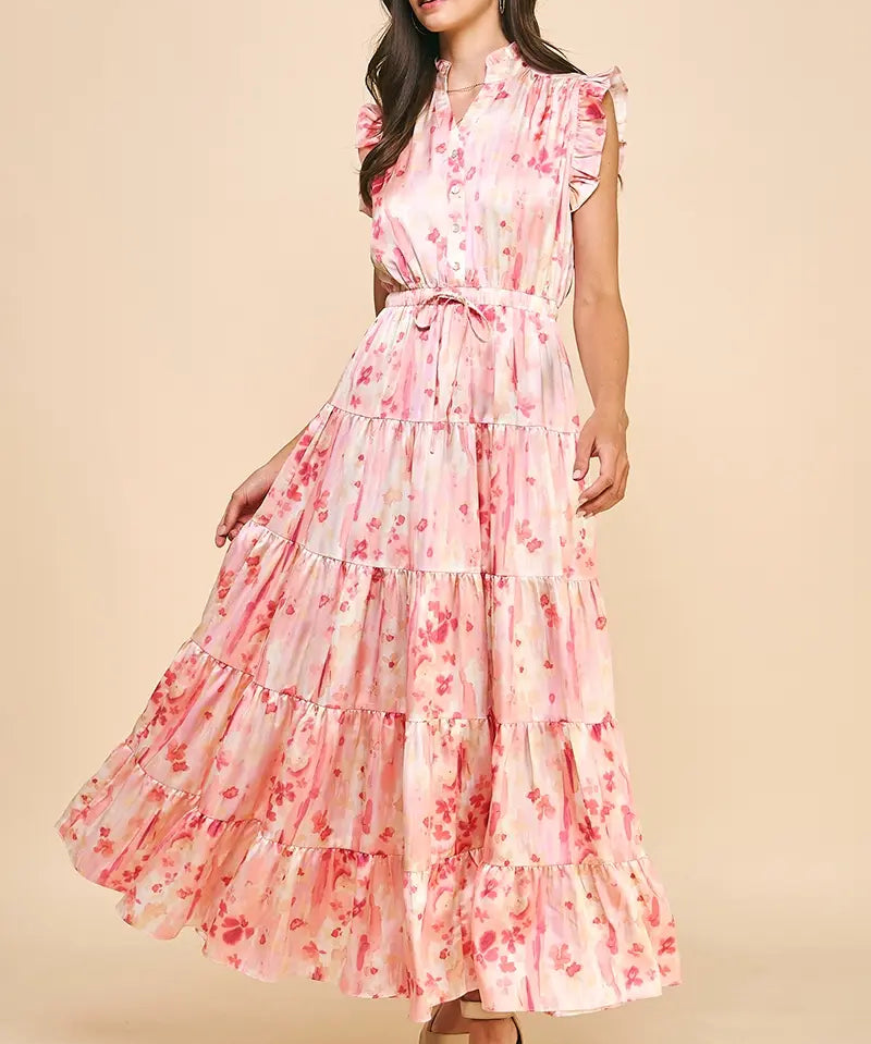 SATIN TIERED PRINTED MAXI DRESS