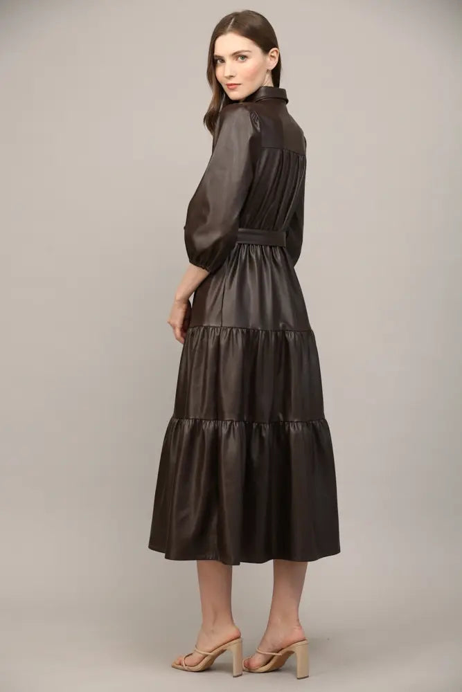 FAUX LEATHER TIERED MIDI DRESS