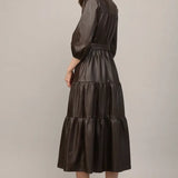 FAUX LEATHER TIERED MIDI DRESS