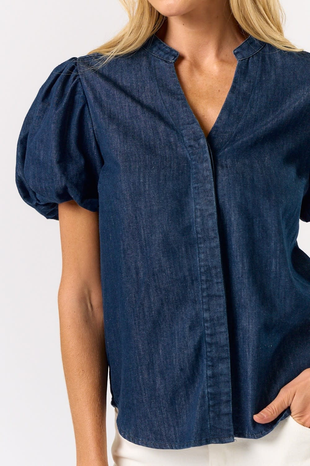 DENIM PUFF SLEEVE VNECK BLOUSE