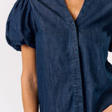 DENIM PUFF SLEEVE VNECK BLOUSE