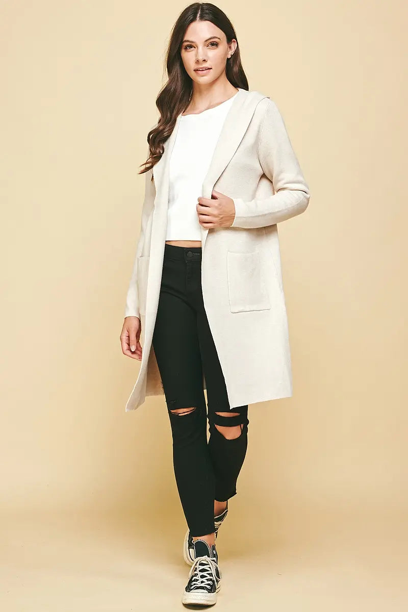 HOODED OPEN KNIT CARDIGAN