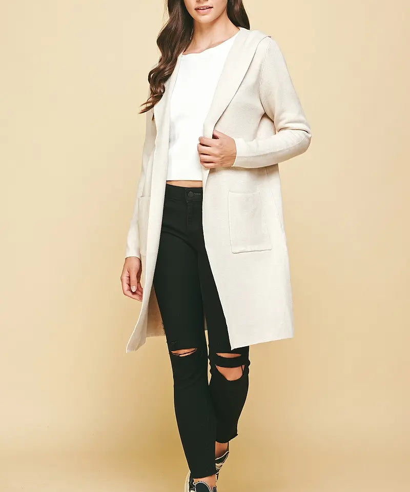 HOODED OPEN KNIT CARDIGAN