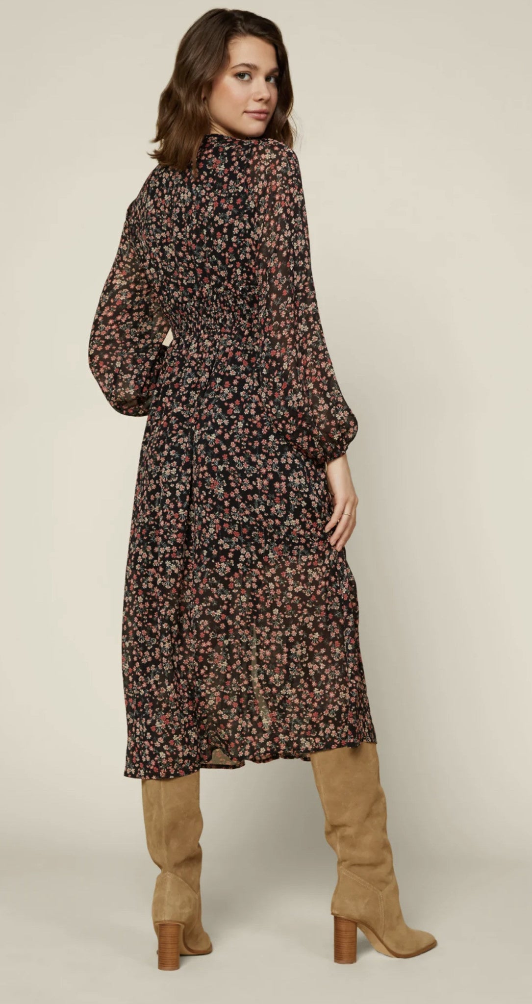 FLORAL V NECK PRINT MIDI DRESS