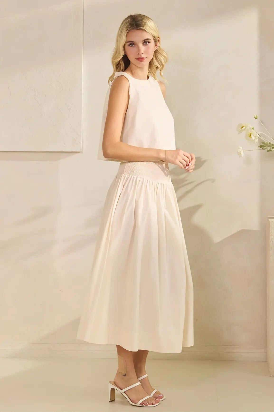 SMOCKED WAIST POPLIN MAXI SKIRT