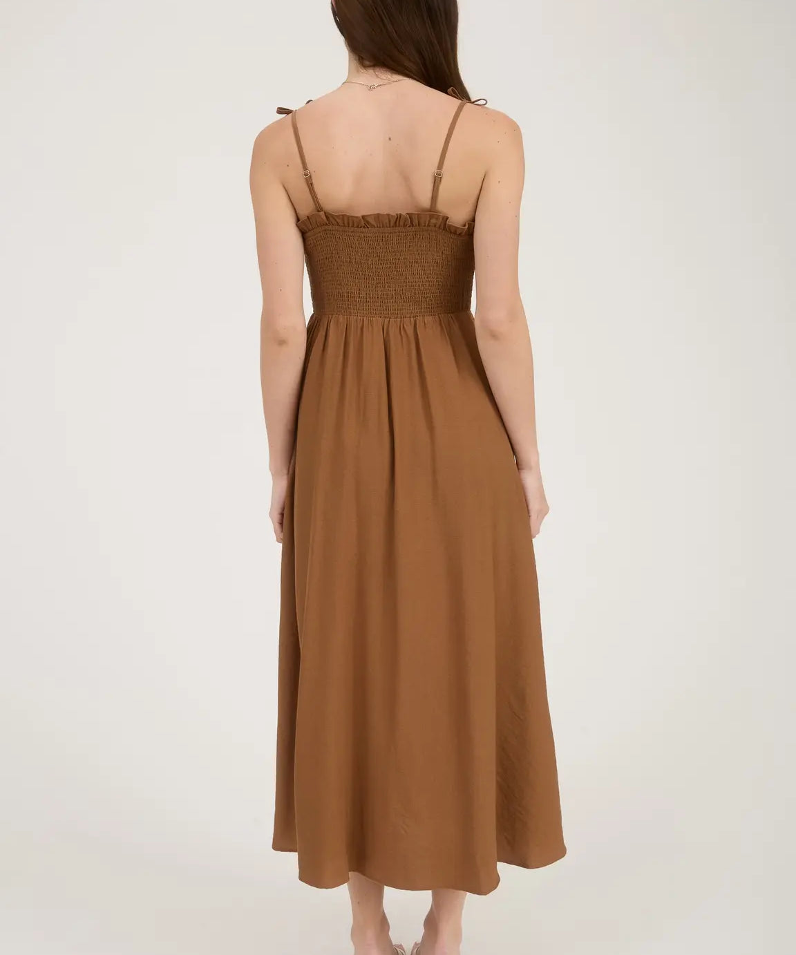 BOW STRAP SMOCKED MIDI DRESS