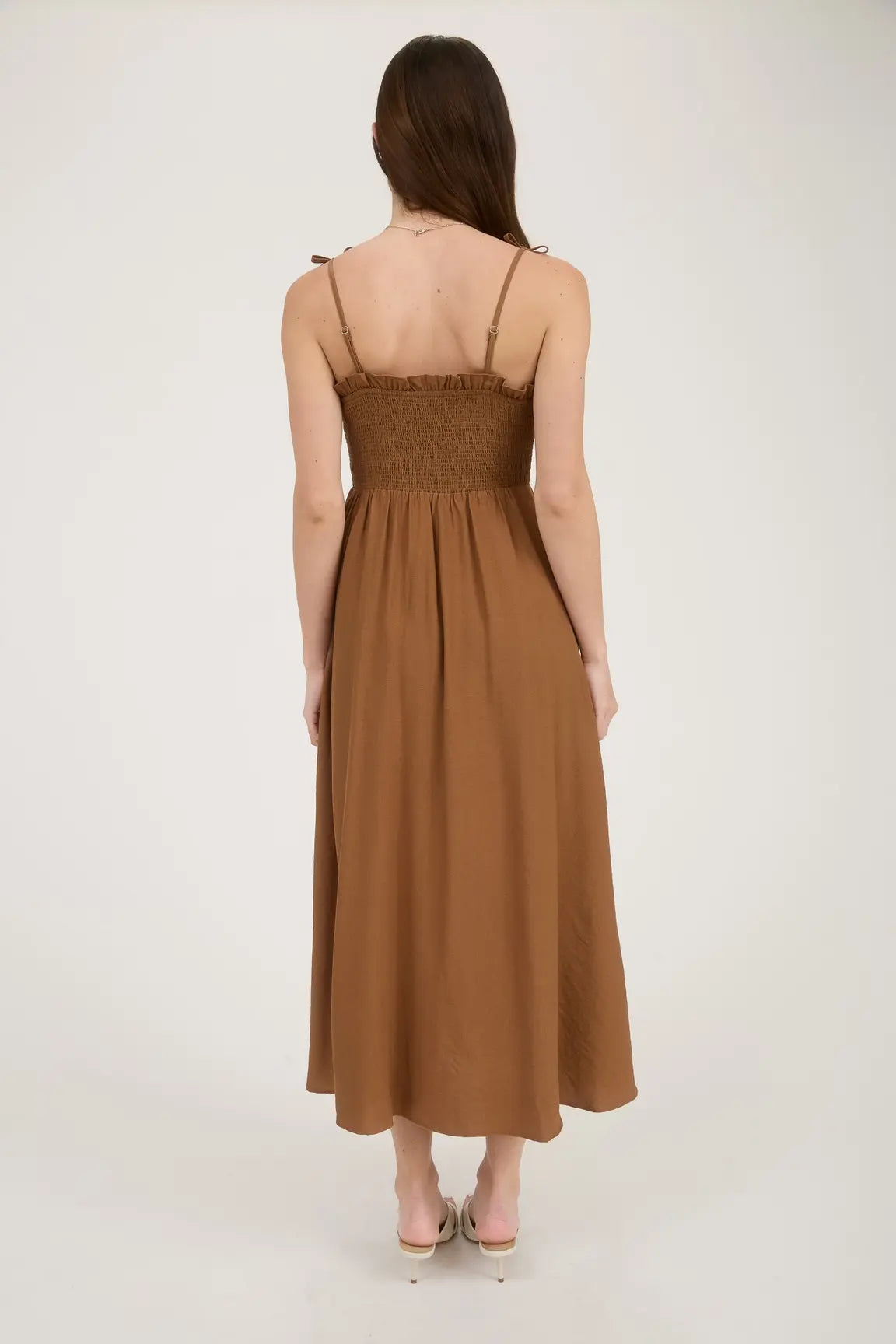 BOW STRAP SMOCKED MIDI DRESS
