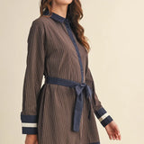 BUTTON DOWN TIE STRIPED MINI DRESS
