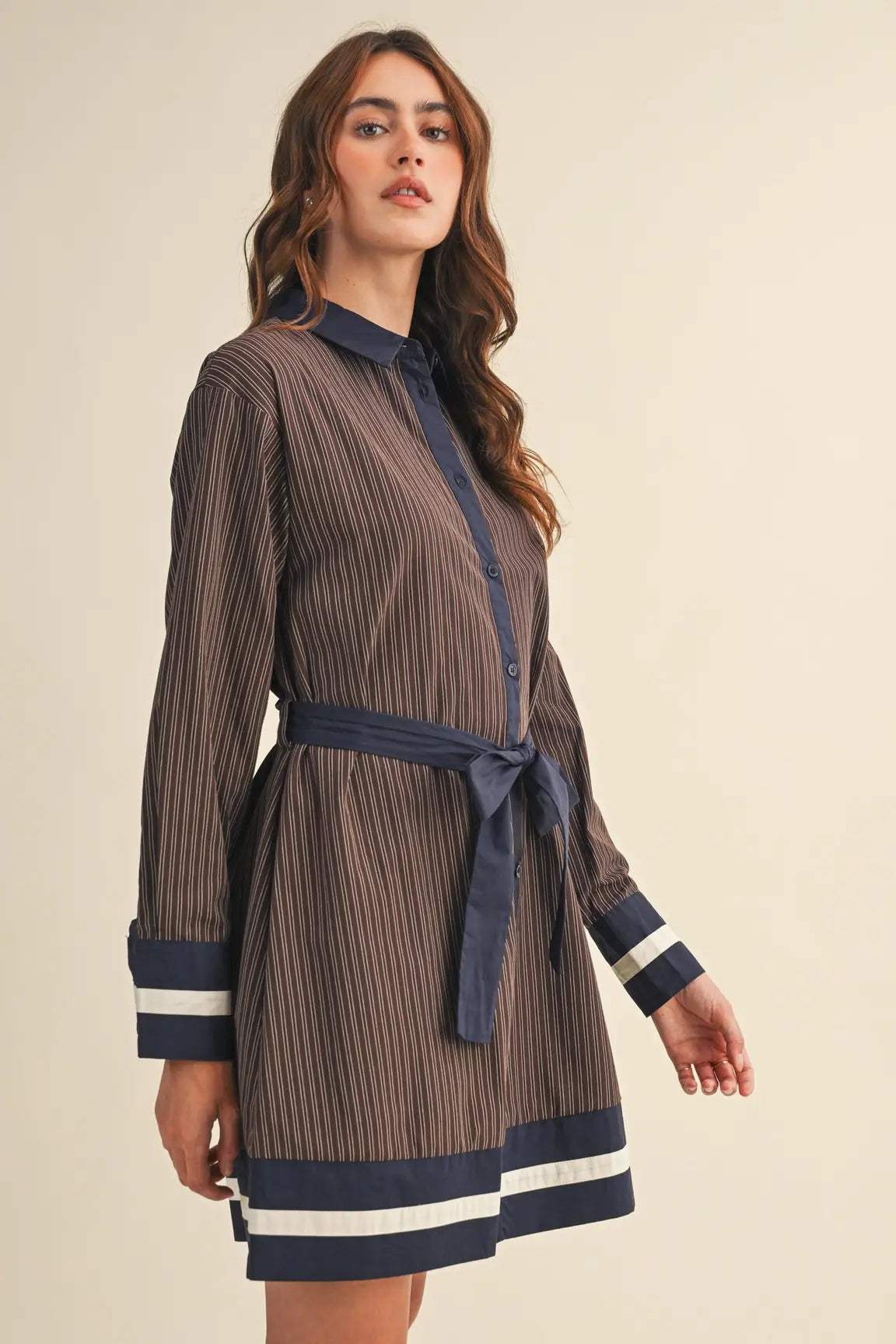 BUTTON DOWN TIE STRIPED MINI DRESS
