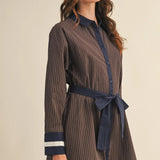 BUTTON DOWN TIE STRIPED MINI DRESS