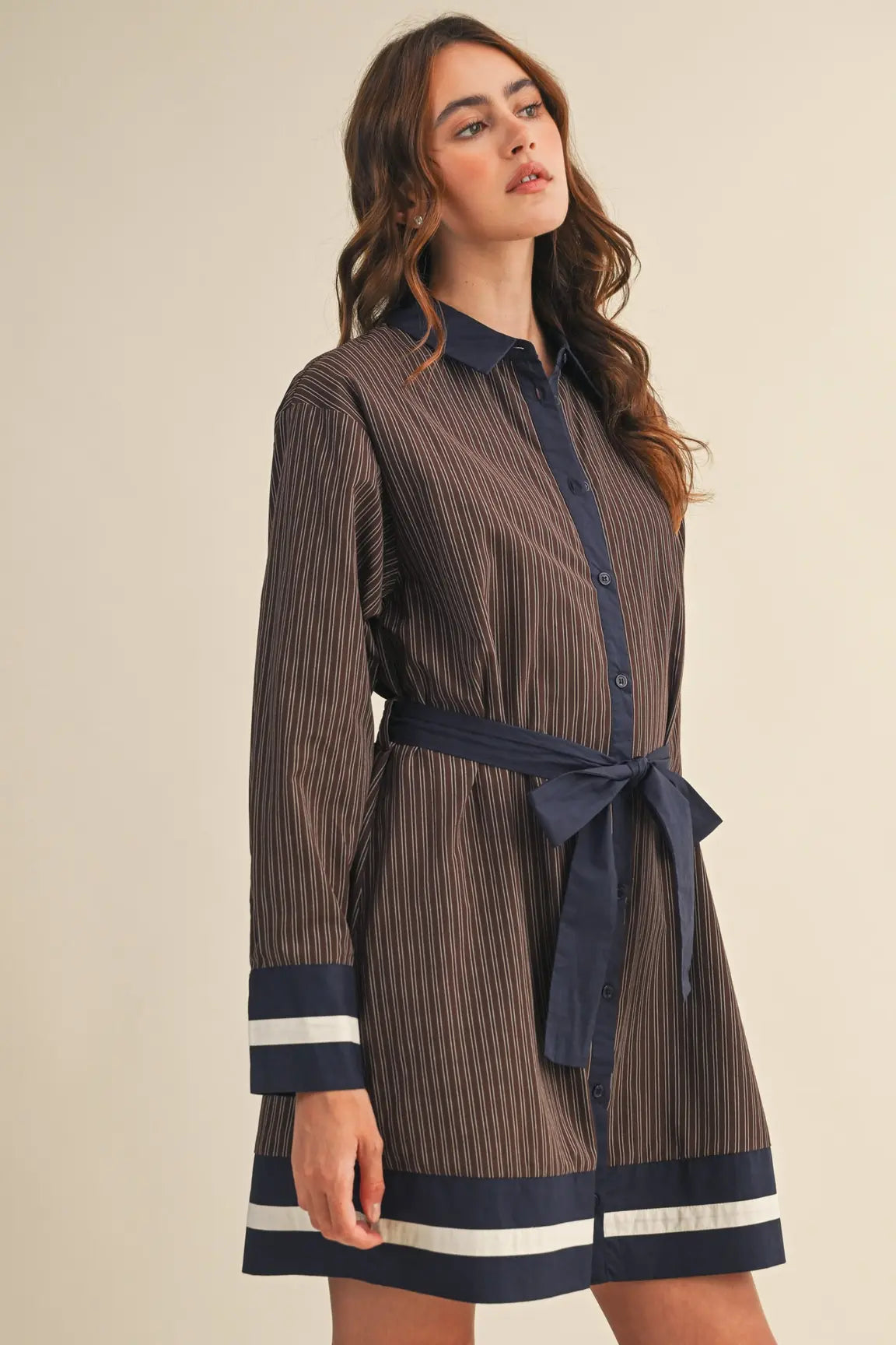 BUTTON DOWN TIE STRIPED MINI DRESS