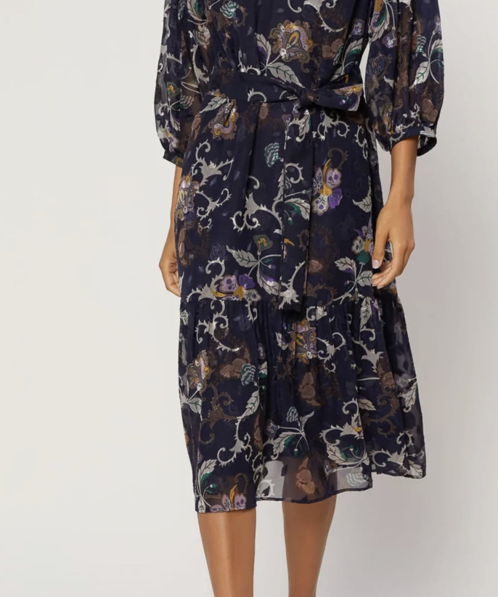 FLORAL JACQUARD LSLV MIDI DRESS