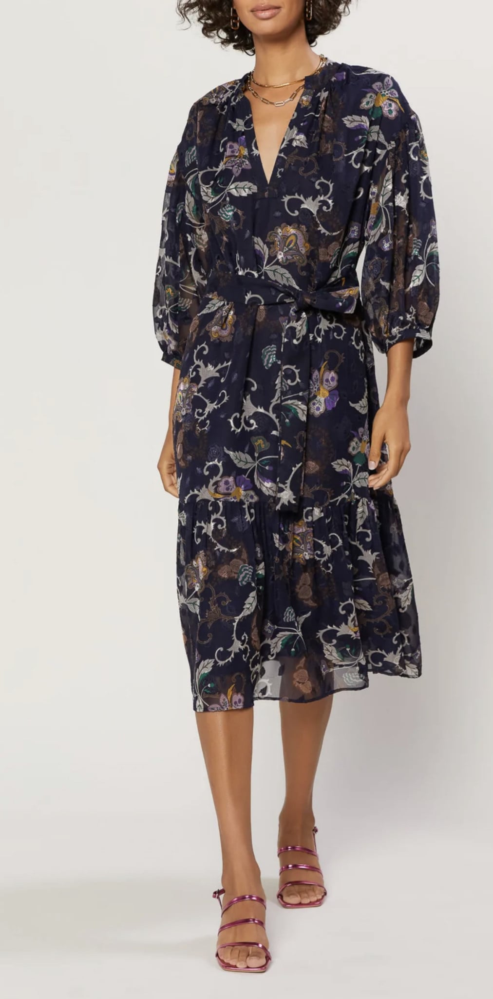 FLORAL JACQUARD LSLV MIDI DRESS