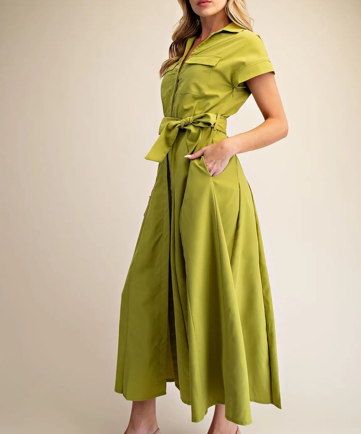 FRONT POCKET BUTTON DOWN MIDI DRESS