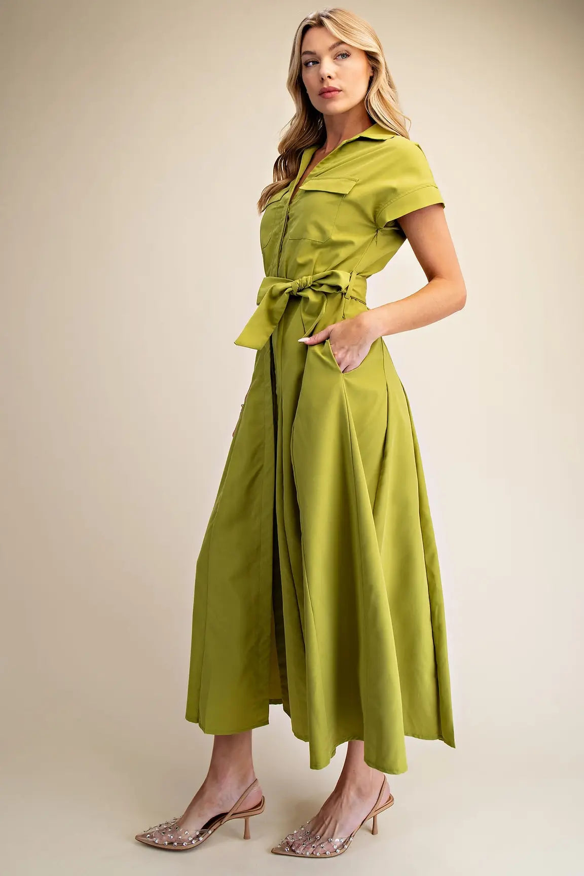 FRONT POCKET BUTTON DOWN MIDI DRESS