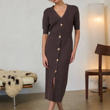 Ribbed Short Sleeve Midi Dress with Gold Buttons