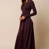 Brown Ribbed Belted Midi Dress
