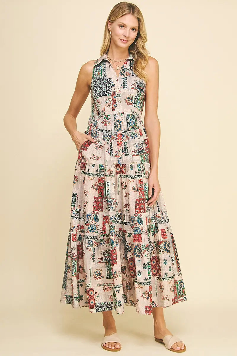 SLEEVELESS PRINT TIERED MAXI DRESS