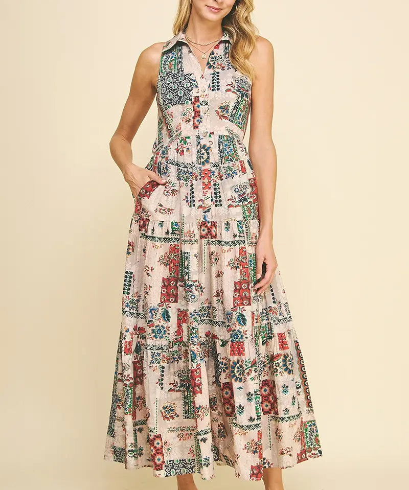 SLEEVELESS PRINT TIERED MAXI DRESS