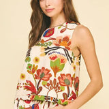 FLORAL SLVLESS TOP W/BUTTON DETAIL