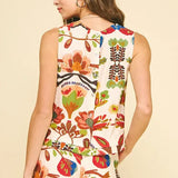 FLORAL SLVLESS TOP W/BUTTON DETAIL