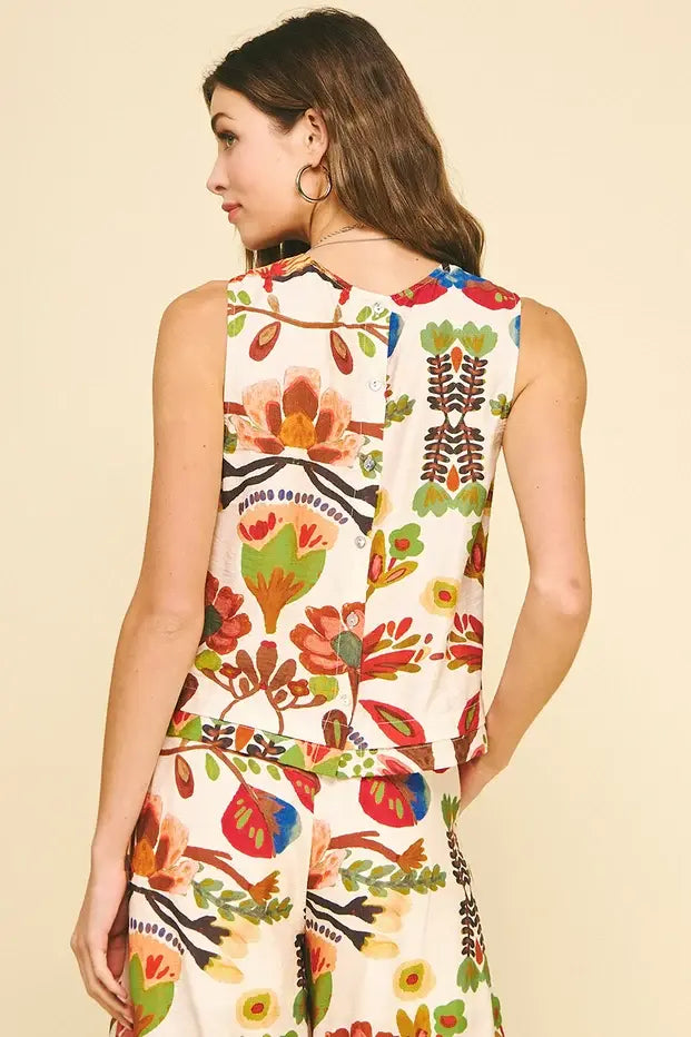 FLORAL SLVLESS TOP W/BUTTON DETAIL
