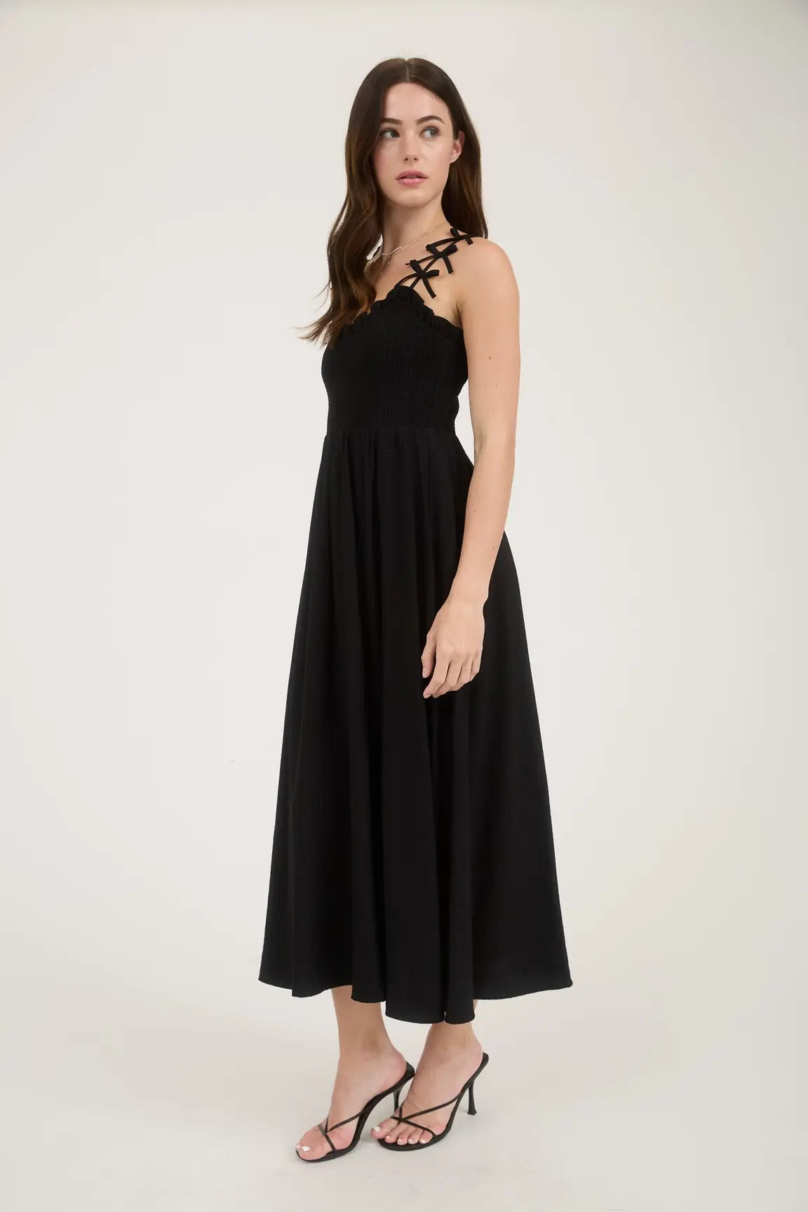 BOW STRAP SMOCKED MIDI DRESS