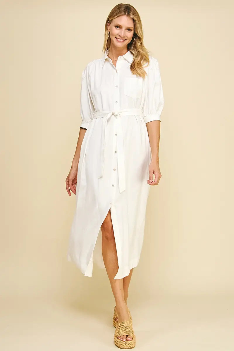 LINEN BUTTON DOWN MIDI DRESS