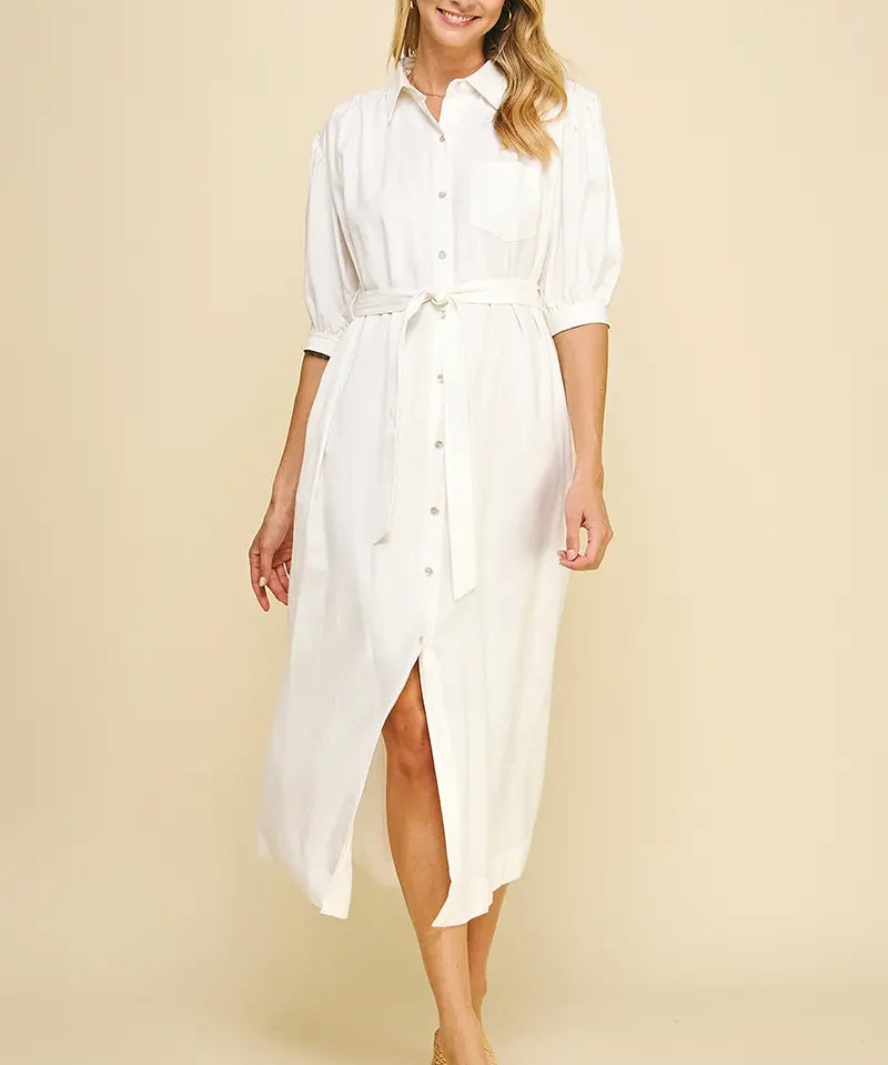LINEN BUTTON DOWN MIDI DRESS