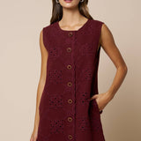 Pattern Embroidery Button Down Mini Shift Dress