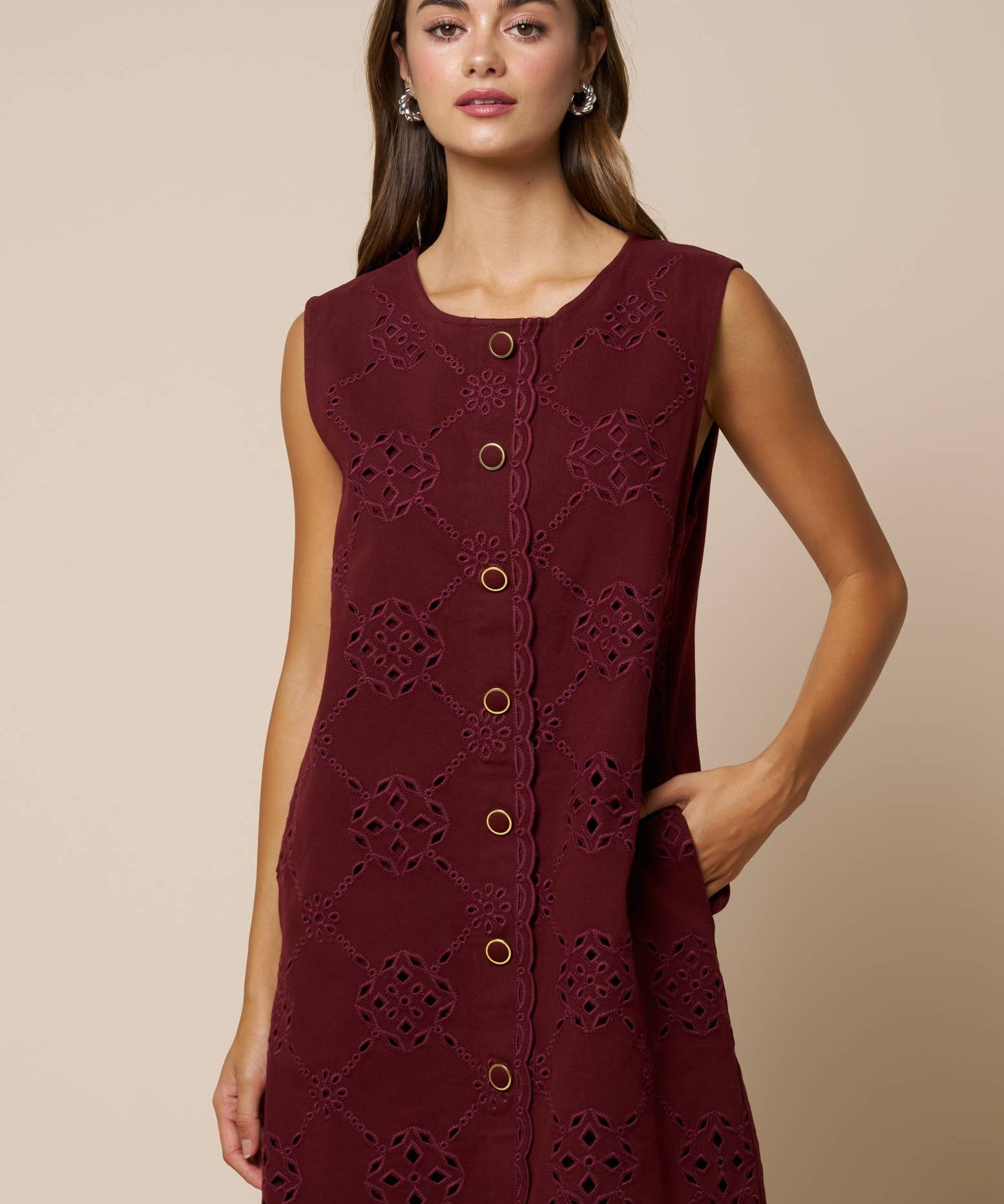 Pattern Embroidery Button Down Mini Shift Dress