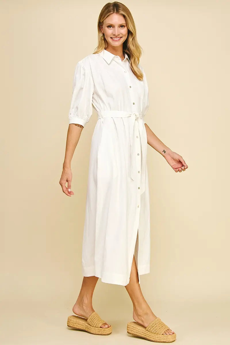 LINEN BUTTON DOWN MIDI DRESS
