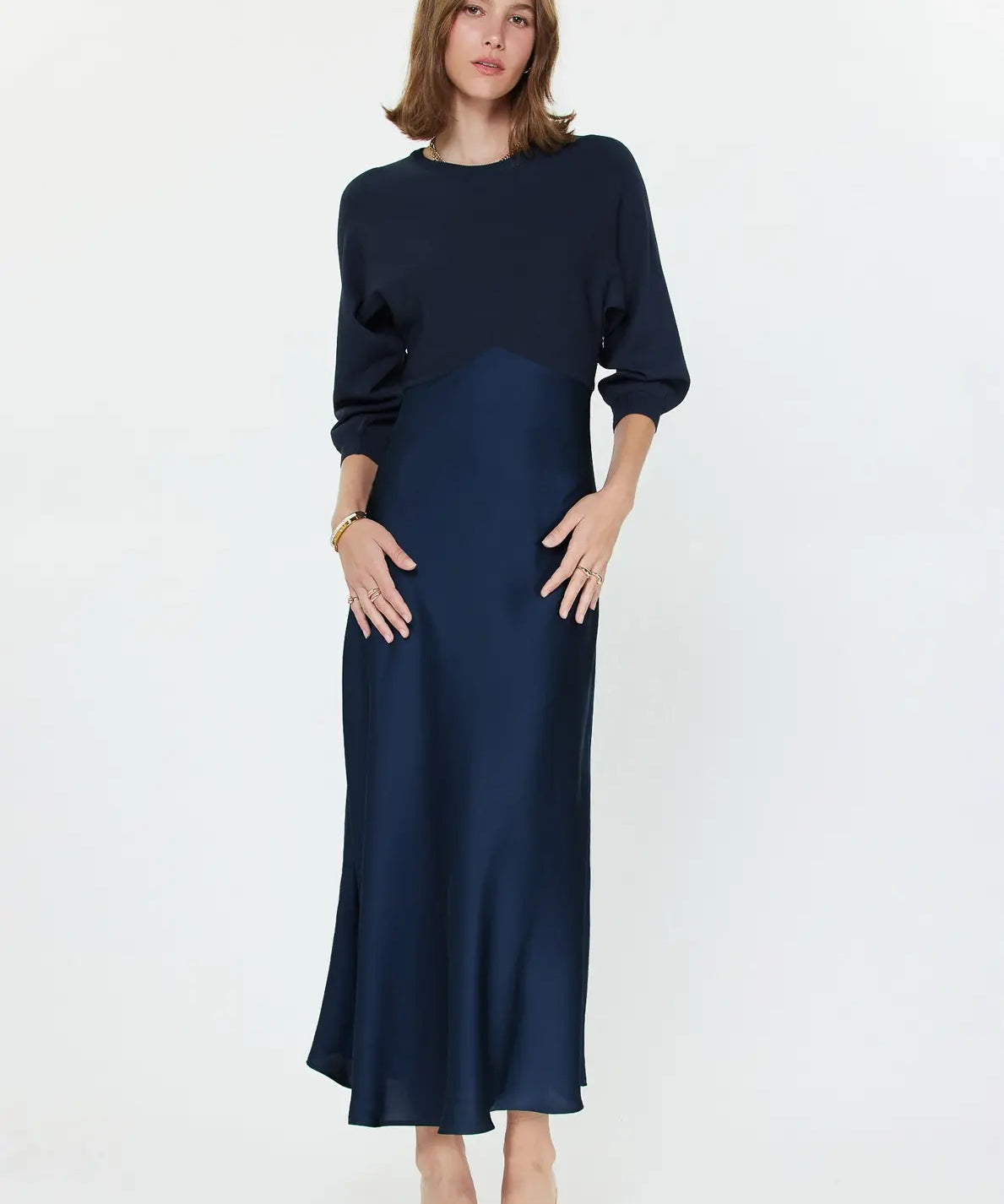 3/4 SLV MIXED MEDIA DRESS