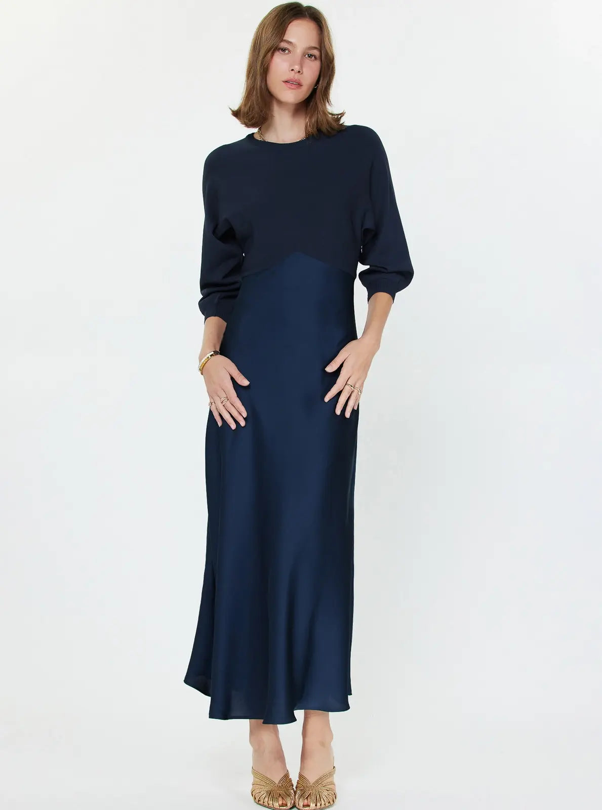 3/4 SLV MIXED MEDIA DRESS