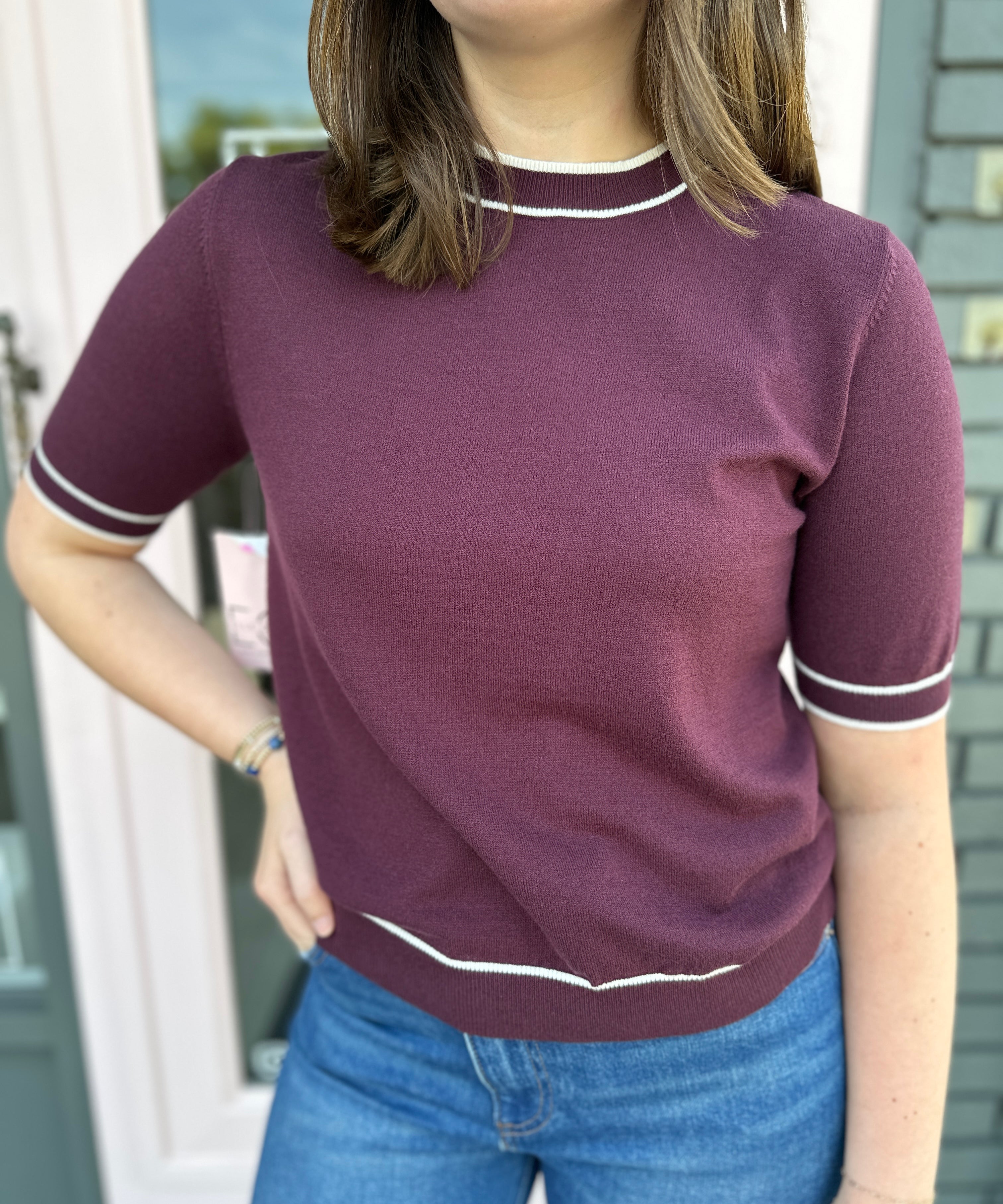 Burgundy Fine Knit Contrast Top