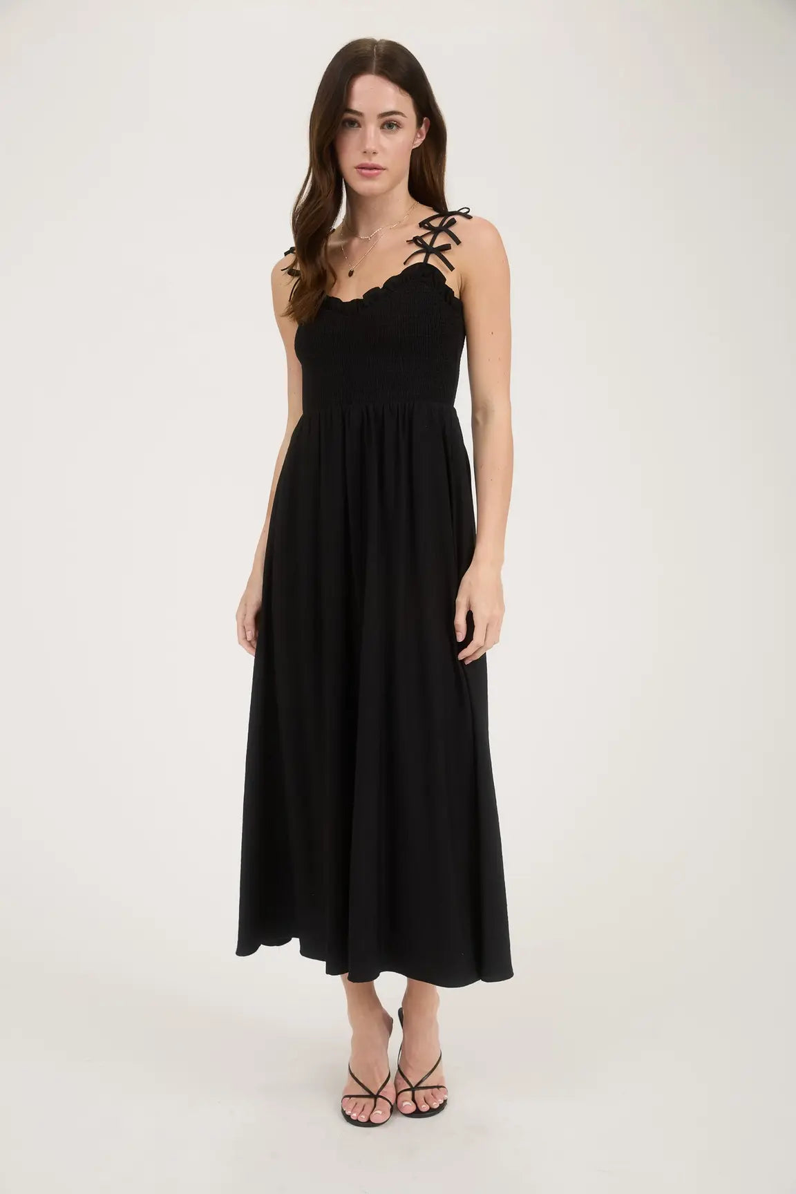 BOW STRAP SMOCKED MIDI DRESS