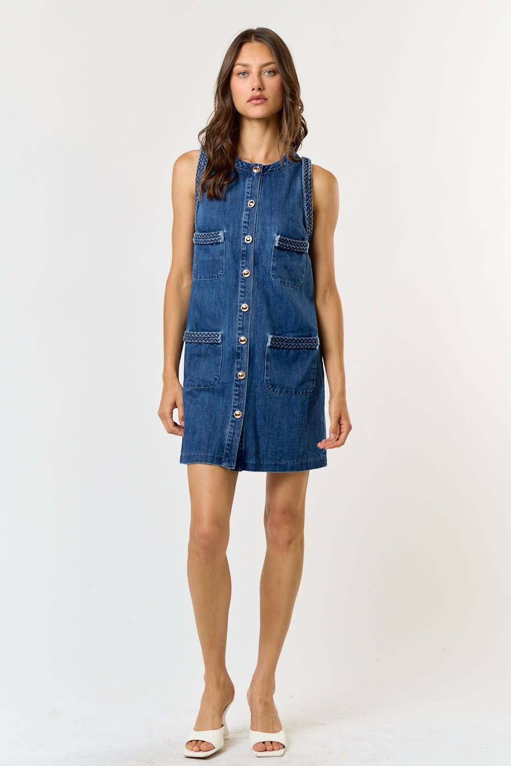 SLVLESS DENIM DRESS W/BRAIDED DETAIL