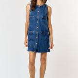 SLVLESS DENIM DRESS W/BRAIDED DETAIL