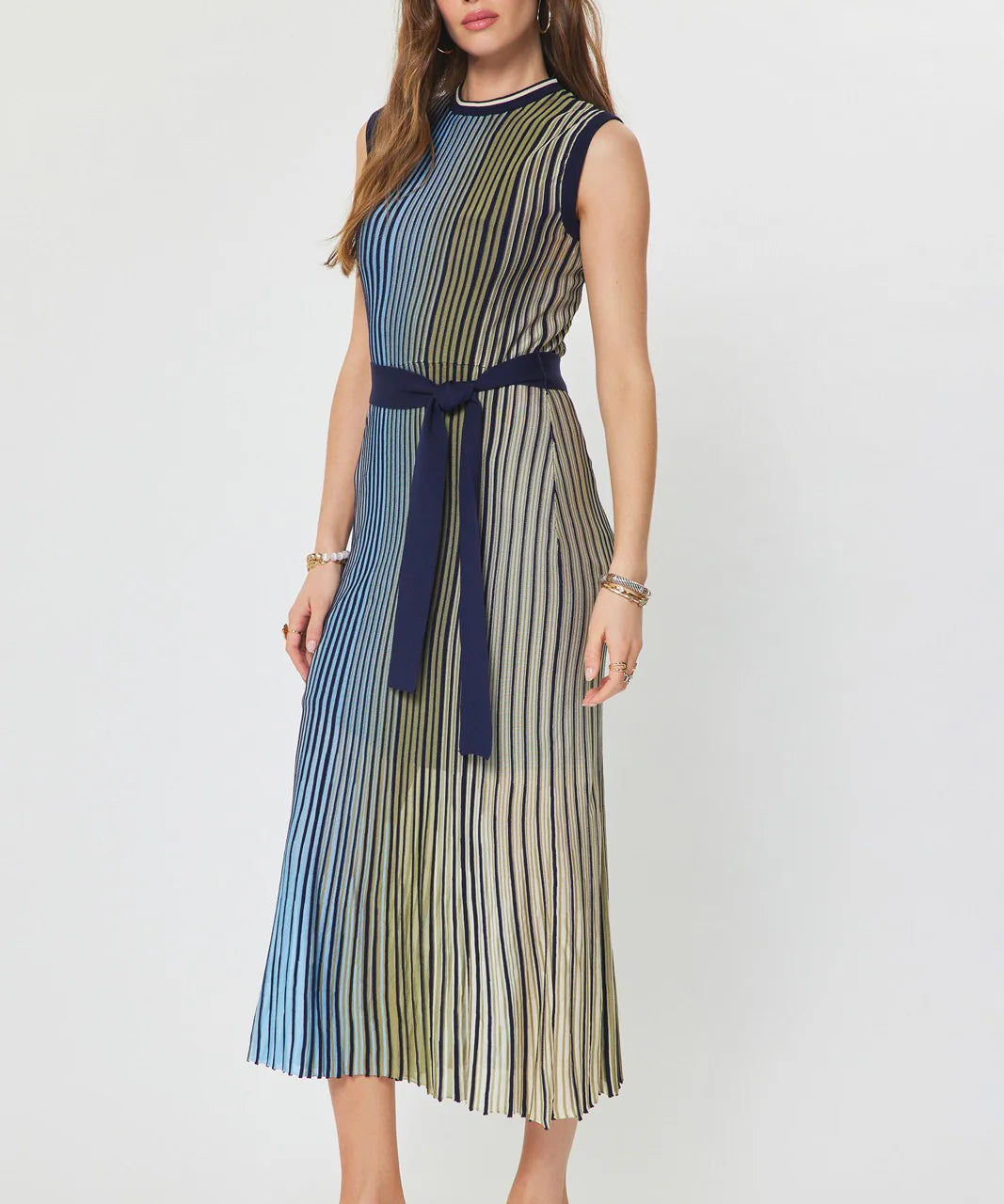 STRIPED SSLV MIDI DRESS W TIE